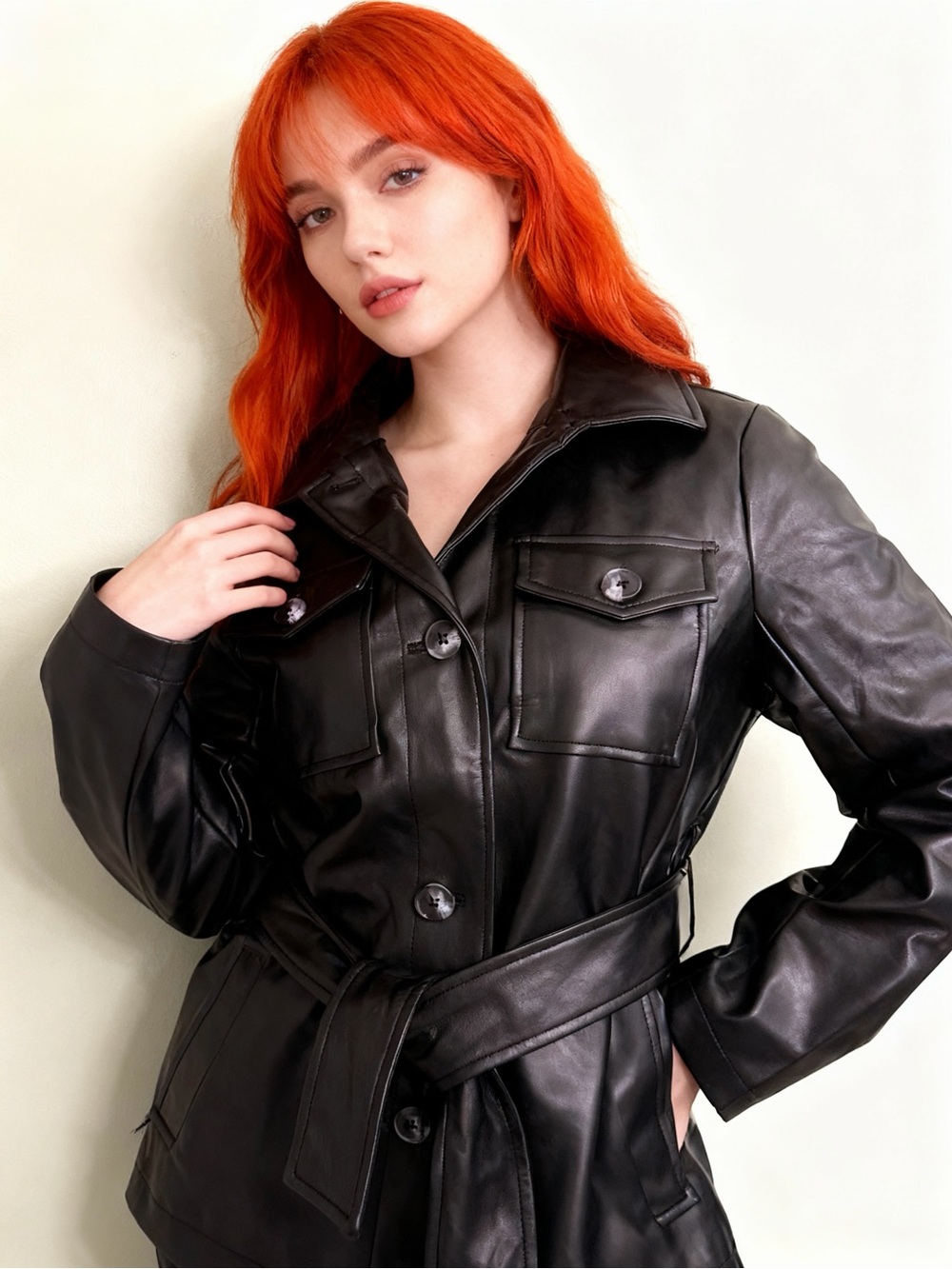 Time and Tru Black Faux Leather Belted Jacket - Women